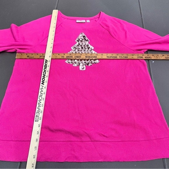 Quacker Factory Shirt Xmas Tree Sequins Festive Pink Thermal Waffle Knit 1X - Picture 6 of 7